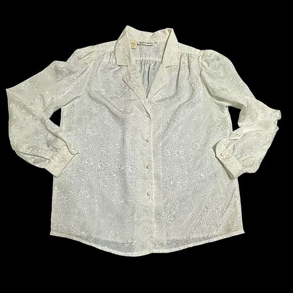 Vintage Steven Barry White on white floral patterned long sleeve blouse size 12 - Picture 4 of 13